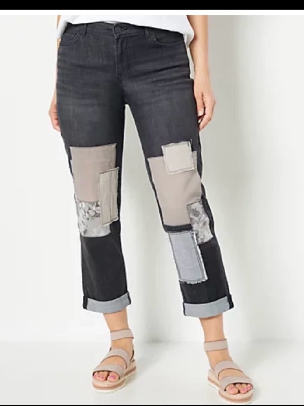 LOGO black patchwork straight leg cropped jeans